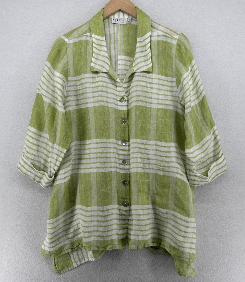 HABITAT Top L Linen Droptail Tunic Shirt Striped Cuffed 3/4 Sleeve Green